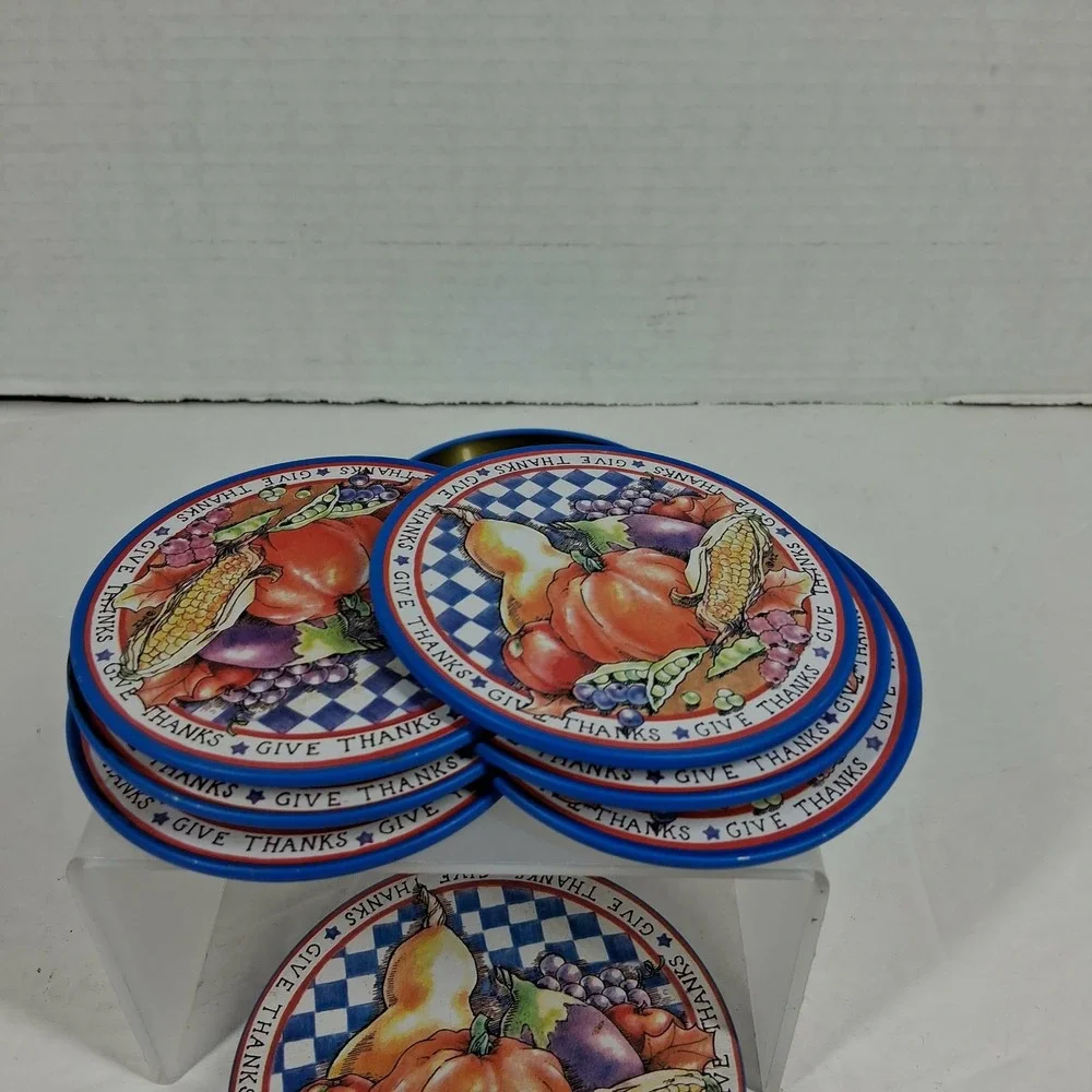 Give Thanks Harvest Coaster Set of‎ 6 with Storage Tin Blue Autumn Fall OMI